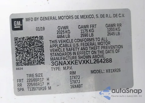 2019 Chevrolet Equinox Lt из США, поврежденный, VIN 3GNAXKEVXKL264288